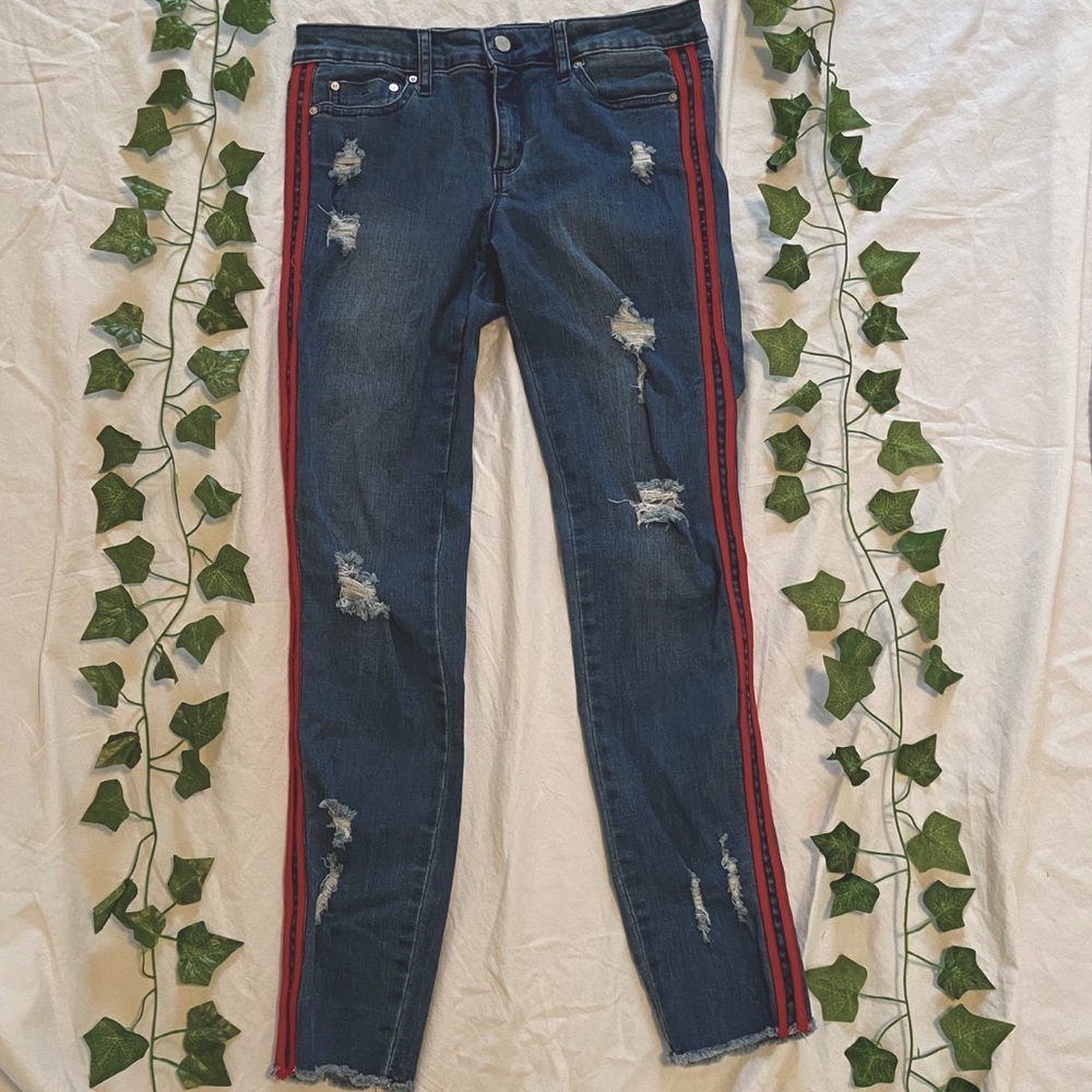 Girls Tractr Red Stripe Ripped Jeans